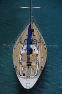 Elevated view of a sailboat at anchor