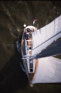 Elevated view of a group of people onboard a sailboat