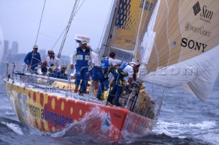 Whitbread 60 EF Language skippered by Paul Cayard racing in the Whitbread Round the World Race now known as the Volvo Ocean Race
