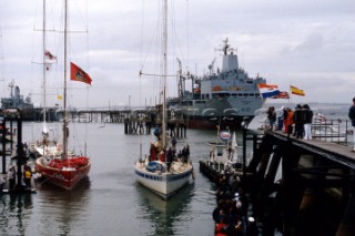 Portatan arriving alongside Cote dOr in port during the Whitbread Round the World Race 1986 now known as the Volvo Ocean Race