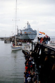 Portatan arriving in port during the Whitbread Round the World Race 1986 now known as the Volvo Ocean Race