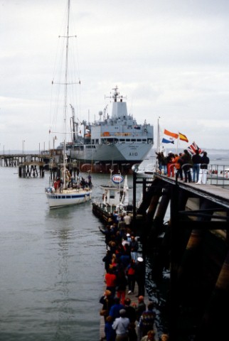 Portatan arriving in port during the Whitbread Round the World Race 1986 now known as the Volvo Ocea