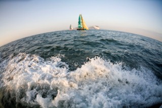 PORTSMOUTH, UNITED KINGDOM - JUNE 2:  ABN AMRO ONE passes the Needles off the Isle of Wight after a bad start on the 8th leg of the Volvo Ocean Race, however she has one the event over all with two legs to spare.The Volvo fleet leave Portsmouth and sail through the Solent on Leg 8 of the Volvo Ocean Race 2005-2006 around the United Kingdom to Rotterdam, Holland. The overall event has already been won by Mike Sanderson on ABN AMRO ONE with two legs remaining.