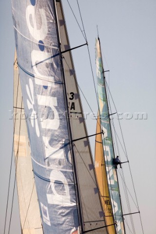 PORTSMOUTH UNITED KINGDOM  JUNE 2 A crew man on ABN Amro One is sent up the mast to look for wind as