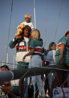 Peter Blake greets wife Pippa and son James onboard maxi ketch Steinlager during the Whitbread Round the World Race 1985/86