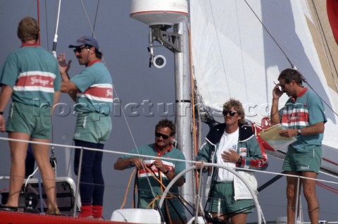 Peter Blake helming onboard maxi ketch Steinlager during the Whitbread Round the World Race 198586