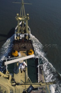 Noboard the Trinity House support vessel Patricia. Aerial masthead view from the crows nest underway.