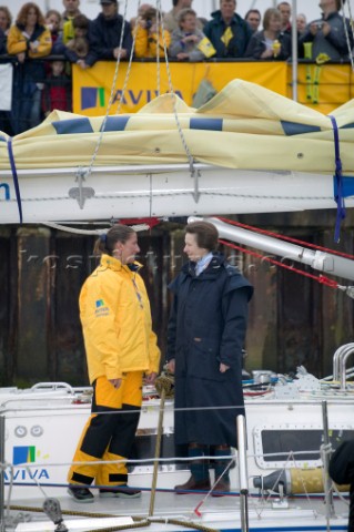 SOUTHAMPTON UK MAY 21 Solo round the world yachtswoman Dee Caffari 33 is greeted by Princess Ann on 