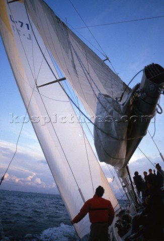 Onboard Fazer Finland tuning sails before the Whitbread Round the World Race 1986 now known as the V