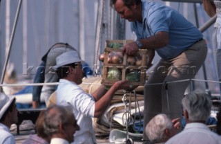 Taking on provisions during the Whitbread Round the World Race 1986 (now known as the Volvo Ocean Race)
