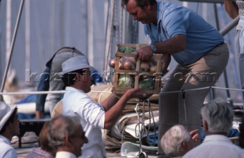 Taking on provisions during the Whitbread Round the World Race 1986 now known as the Volvo Ocean Rac