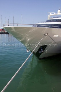 Superyacht bow with anchor and mooring lines