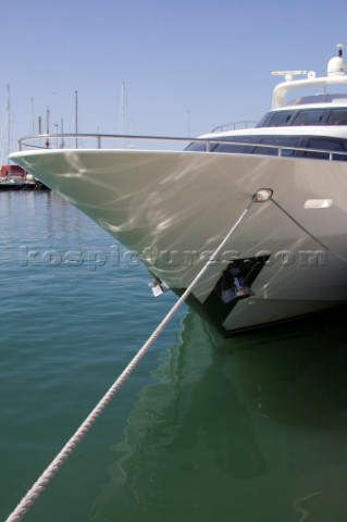 Superyacht bow with anchor and mooring lines
