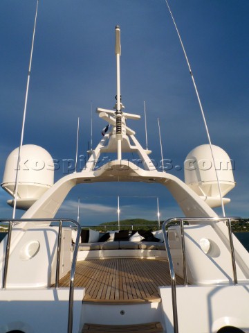 Superyacht in the Mediterranean Navigation mast with Furnuo radar and communication aerials and satc