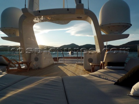 Superyacht in the Mediterranean Navigation mast with Furnuo radar and communication aerials and satc