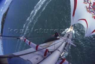 Simon Le Bon of Duran Duran up the mast of his maxi yacht Drum at the start of the Whitbread Round the World Race 1986 / 1987
