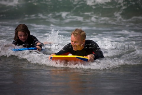Body Boarding in the surf on the beach in St Ives in Cornwall UK