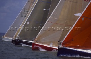 Fleet of bows at the startline of the RORC Rolex Commodores Cup