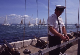 Royal Yacht Squadron startline. The canons signal the race start.