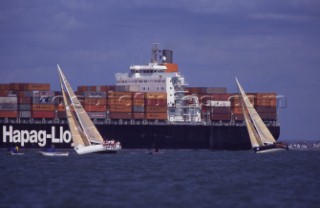 Yachts and commercial shipping in the restricted waters of the Solent, UK