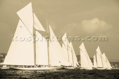 Sepia of classic yacht fleet during a start in Les Voiles de SaintTropez