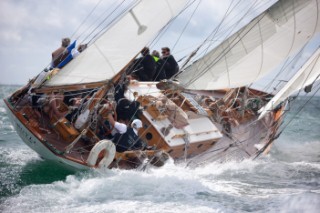 British Actor and Comedian Griff Rhys Jones helming his 57ft S&S yawl Argyll during the Panerai Classic Yacht Regatta in The Solent July 2015