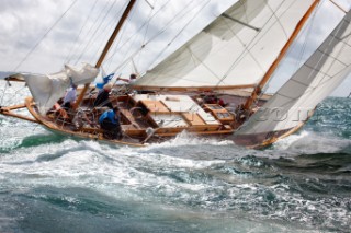 Sparkman and Stephens 53ft yawl Stormy Weather owned by Christopher Spray. Panerai Classics 2015. Classic yachts racing in The Solent