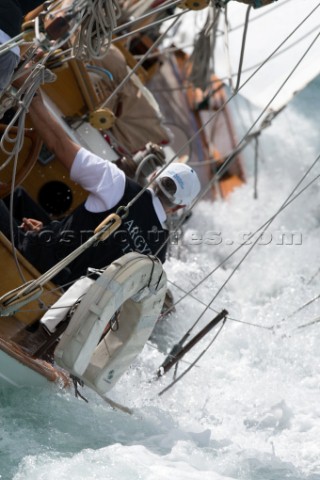 British Actor and Comedian Griff Rhys Jones helming his 57ft SS yawl Argyll during the Panerai Class