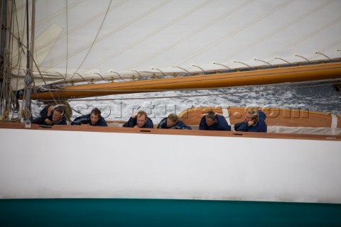 SAINTTROPEZ FRANCE  The wet and tired crew on the deck of the classic gaff rigged yacht Mariquita bu