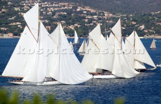 SAINT-TROPEZ, FRANCE - OCT 5th: The large classic schooners drift becalmed without wind on the startline on October 5th 2006. The largest classic and modern yachts from around the world gather in Saint-Tropez annually for a week of racing and festivities to mark the end of the Mediterranean season, before heading across the Atlantic to winter in the Caribbean.