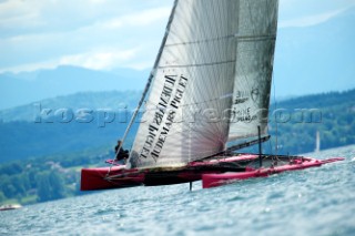 LadyCat skippered by Donnatella Bertarelli. D35 catamaran multihulls racing on the Vulcan Trophy on Lake Geneva