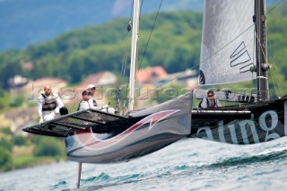 Alinghi. D35 catamaran multihulls racing on the Vulcan Trophy on Lake Geneva