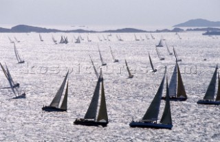 Swan Cup 2000. Fleet of Nautor Swan yachts racing off Porto Cervo