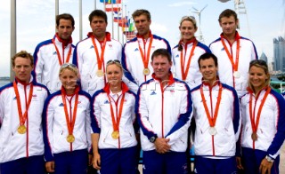 Qingdao, China, 22/08/2008  Qingdao 2008 OLYMPICS  GBR Team: the medal winners with manager Stephen Parks