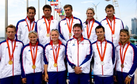 Qingdao China 22082008  Qingdao 2008 OLYMPICS  GBR Team the medal winners with manager Stephen Parks