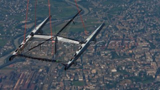 Russian helicopter lifts and transfers the multihull catamaran Alinghi 5 from Lake Geneva to Genoa on the Mediterranean