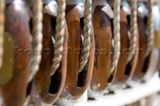 Block and tackle in the rigging  The Tall Ships Races 2007 Mediterranea in Genova. A.R.A. Libertad (Argentina)
