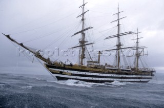 Amerigo Vespucci in rough sea and waves during a storm