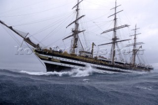Amerigo Vespucci in rough sea and waves during a storm