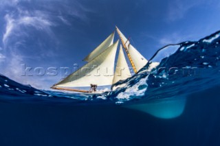 Underwater view of a classic yacht
