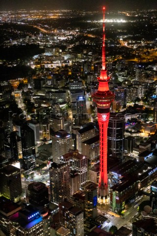 220121  Auckland NZL36th Americas Cup presented by PradaPRADA Cup 2021  DocksideSky Tower lit with P