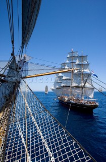 Fleet of tall ships racing  On board Tall Ship Amerigo Vespucci