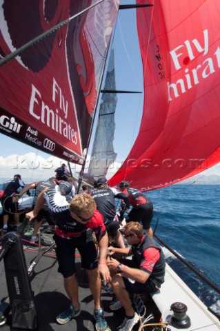 Emirates Team New Zealand gybeing during unofficial practice race for the Audi MedCup Marseille Rega