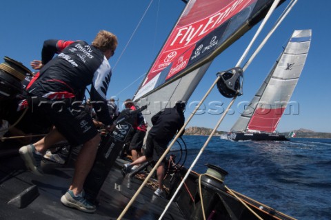 Emirates Team New Zealand and Luna Rossa on leg one of their round robin match on day four of the Lo
