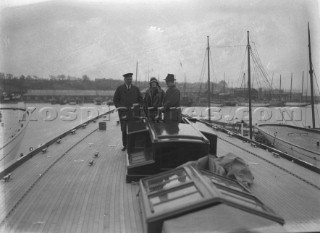 Sir Thomas Lipton onboard the deck of his J-Class Shamrock V at her launch at Camper and Nicholsons, Gosport, in 1930