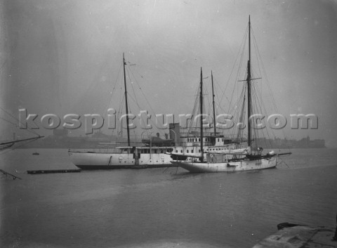 Large yachts moored at Nicholsons in Gosport in Portsmouth Harbour UK in the 1930