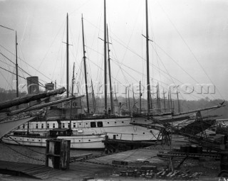 Large steam yachts at berth in Camper & Nicholsons in Southampton in 1930
