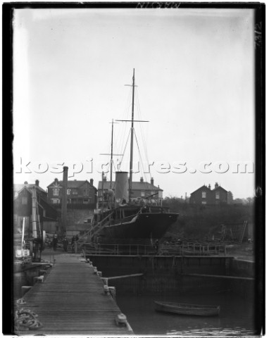 Large steam yacht in dry dock at Marvins Yard on the south coast UK in 1930