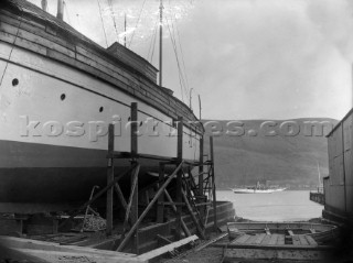 A large steam yacht on the slipway at Robertsons Yard in Scotland in 1930