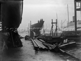 The J-Class yacht Shamrock V owned by Sir Thomas Lipton on the slipway in 1930